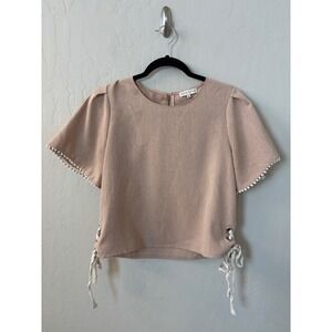 Moon River Blouse Pom Trim‎ Lace-Up Short Sleeve Beige Top Womens Size S